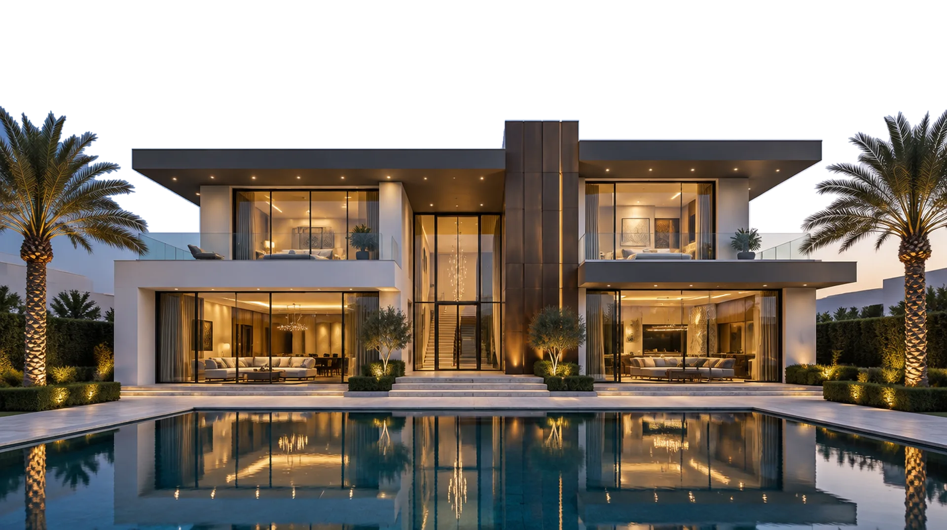 Moderne Villa mit Pool in Dubai zur Blauen Stunde